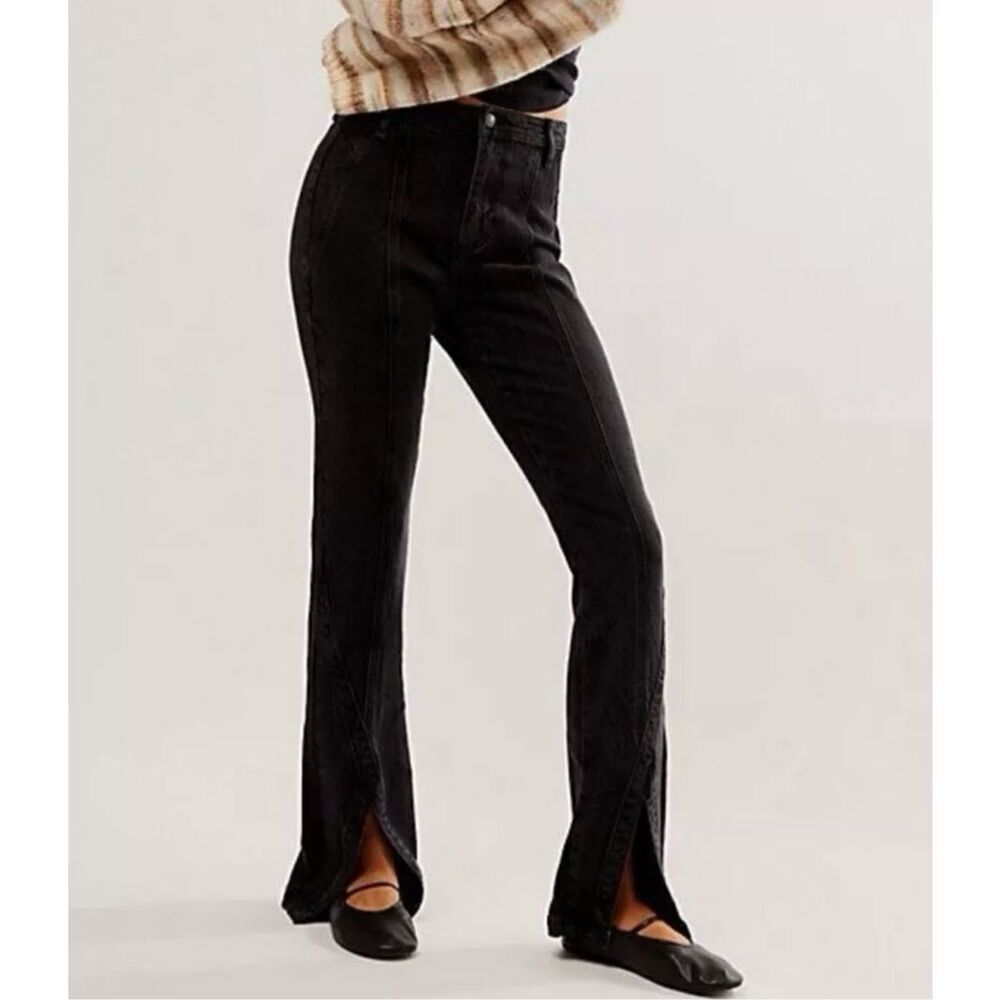 Free People Mona High Rise Flare Slit Jeans Sz 30 NWT Midnight Black CRVY